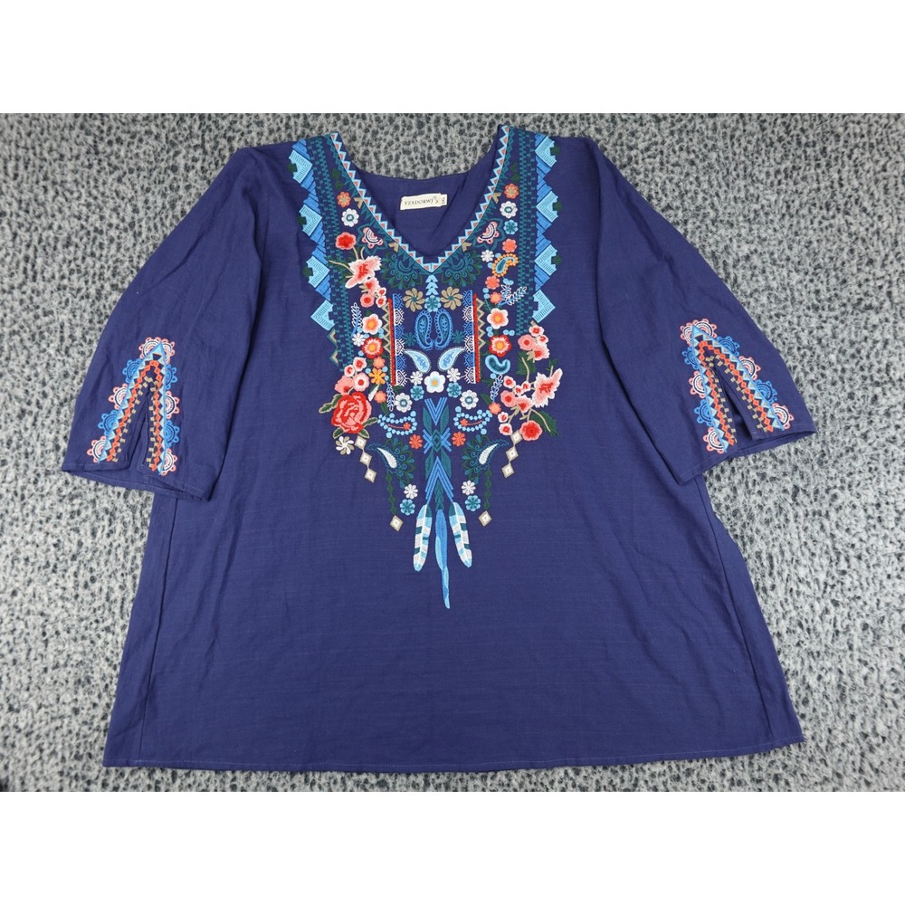 YZXDORWJ Embroidered Tunic Womens 3XL Navy Blue Boho Floral V-Neck Top